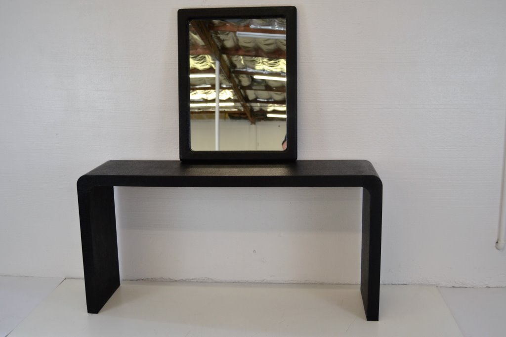 Ebonized Rattan Texture Entry Table with Mirror: Wrapped Curved EdgeTable 33 in H 16 in D 66 in LMirror 28 in X 36 in