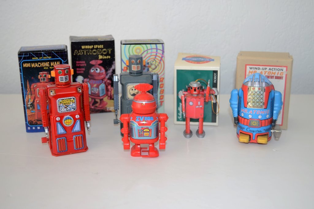 Lot of 5 Robots with Original Boxes: Two are 4.75 in H Two are 4 in H One is 3.25 in H