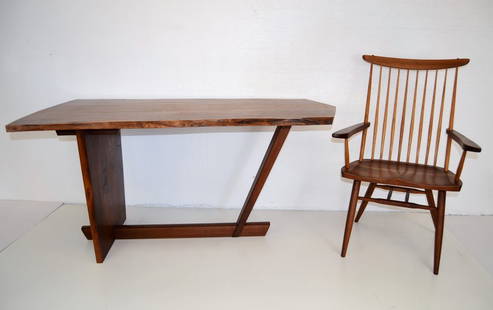 George Nakashima Important Minguren Desk & Chair: Consigned by Original Owner Full Provenance to Accompany Sale Desk 29 in H 60 in L 35 in Widest Point Chair 39 in H 25 in W 22 in D Seat H 18 inThis month’s sale includes: Nakashima, Paul Evans, Kem