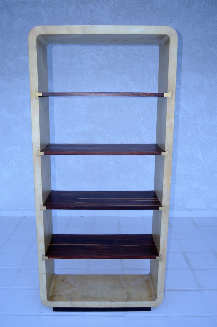 Aldo Tura Goat Skin Etagere w/Rosewood Shelves: Brass Accents 78 in H 14 in D 35.5 in W
