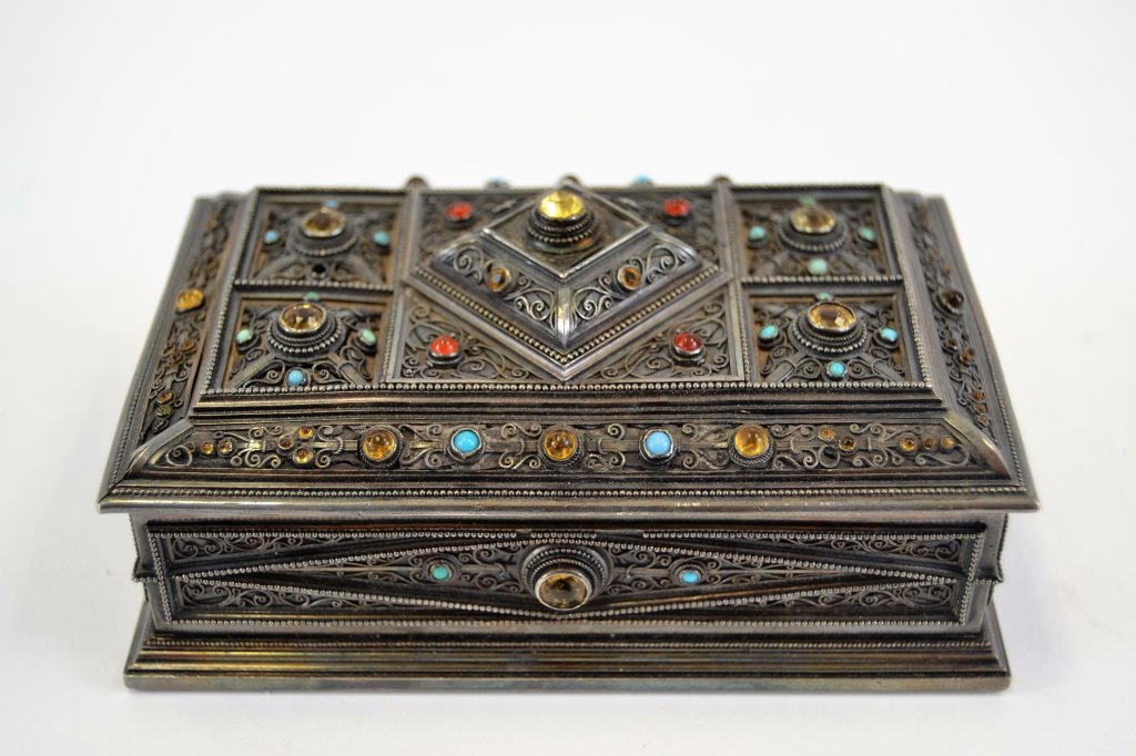 Sterling Jeweled Casket: With Citrine, Persian Turquoise, and Carnelian 3 in X 4.75 in 2.25 in Height