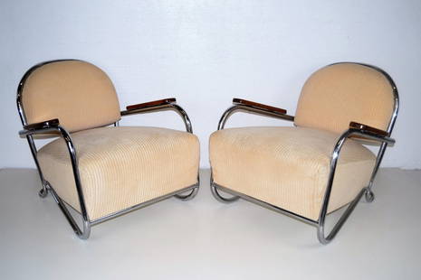 Rare Kem Weber Chairs: Pair Chrome/Wood Arms 27 in H 29 in W 27 in D Seat H 16 in