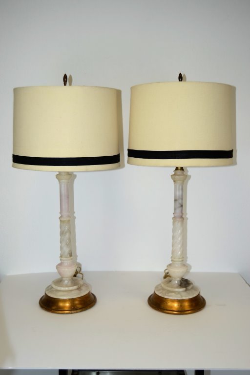 Pair Alabaster Lamps: 29.75 Height to top of Shade Lamp Base 21 in Height