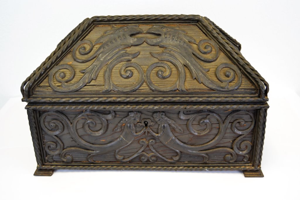 Samuel Yellin Iron and Wood Casket: 20 in Length - 12 in Depth - 13.5 in Height