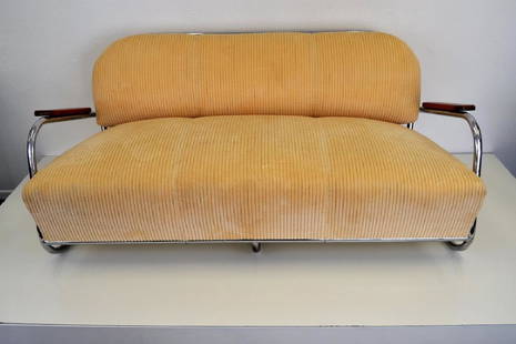 Rare Kem Weber Sofa: Chrome/Wood Arms 27 in H X 64 in L X 34 in D Seat Height 15.5 in