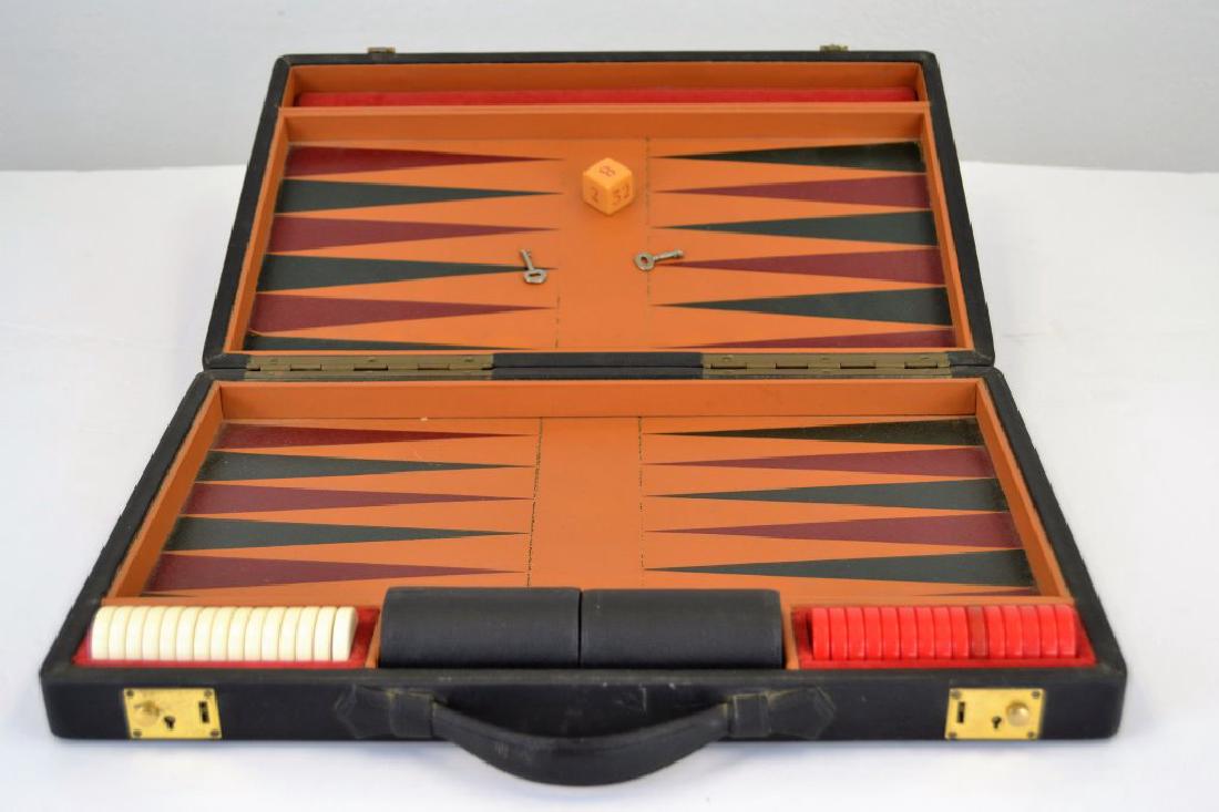 Mark Cross Leather and Bakelite Backgammon Set w/Key (1 of 6)