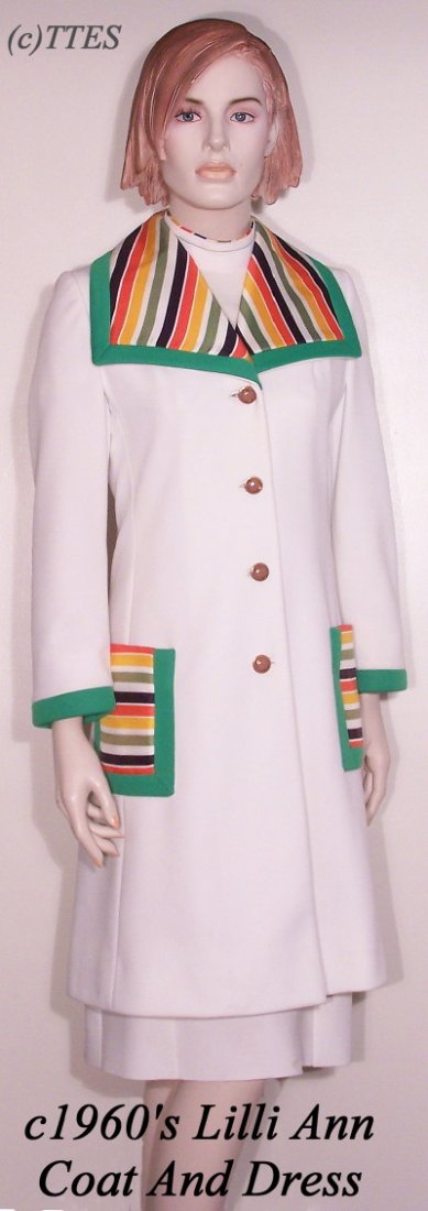 Original c1960's Lilli Ann Coat And Dress: A matching lady's circa 1960's coat and dress with the coat labeled "LILLI ANN KNIT." A contrasting collar, cuffs, and pockets that match the piping of the dress. The dress has a 36" bust, 30" waist,