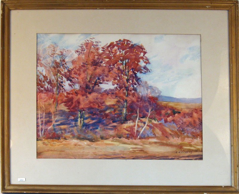 Charles Henry Richert watercolor Fall landscape, 1: Charles Henry Richert watercolor Fall landscape, 15 by 19 inches, signed lower right, "C. H. Richert," framed.
