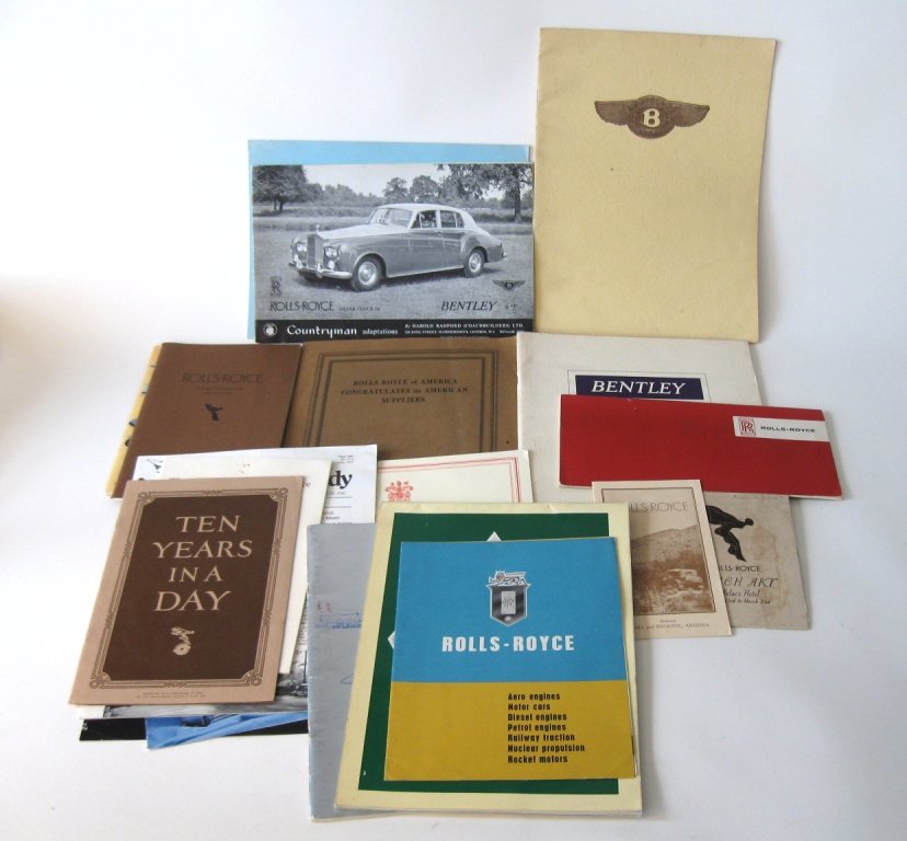 Lot of 19 Rolls Royce and Bentley brochures: "The Three: Lot of 19 Rolls Royce and Bentley brochures: "The Three Litre Bentley, Rolls Royce Countryman Adaptations, Bentley 4.5 Litre, 1929 Bentley, the World's Finest Sporting Car, etc.