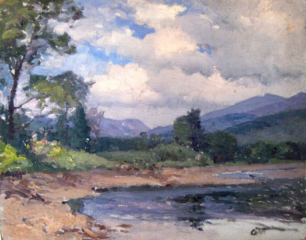 George Augusta oil on board landscape with clouds, 10 b: George Augusta oil on board landscape with clouds, 10 by 13 inches, initialed lower right, "G A...” Condition: good. These painting have been consigned from the estate of the artist.