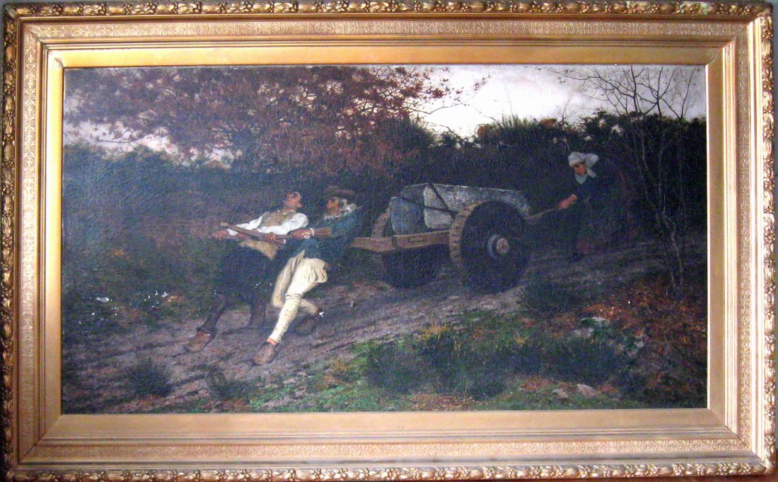 George T. Munn oil on canvas quarrying scene, 40 by 80 : George T. Munn oil on canvas quarrying scene, 40 by 80 inches, signed lower right, "George T. Munn 1878," framed. Condition: paint flaking and crazing, retouch, varnish inconsistencies, lined.