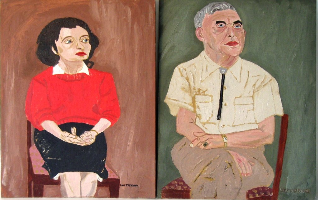 Lot of 2 Earl T. Merchant oils on board 16 by 12 inches: Lot of 2 Earl T. Merchant oils on board 16 by 12 inches each, "Nestor Peterson," and "Mrs. Judith Chamberlain." Condition: good, mildew.