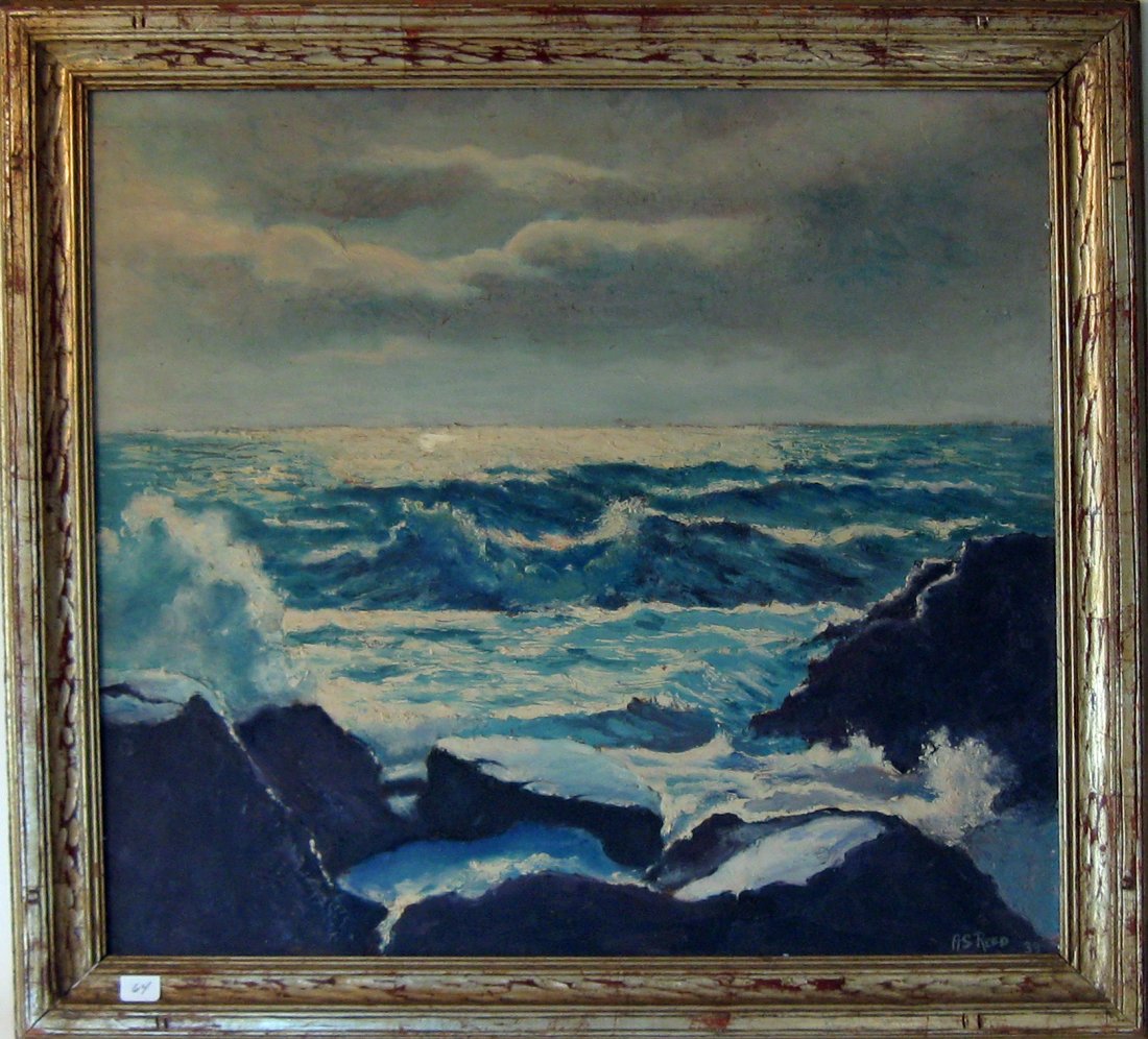 Robert S. Bacon oil on board, "Spray at Rocky Neck," 9 : Robert S. Bacon oil on board, "Spray at Rocky Neck," 9 by 12 inches, identified on label on reverse, framed. Condition: good.