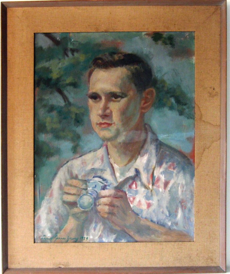 Louise Gerome Young oil on board portrait of a man with