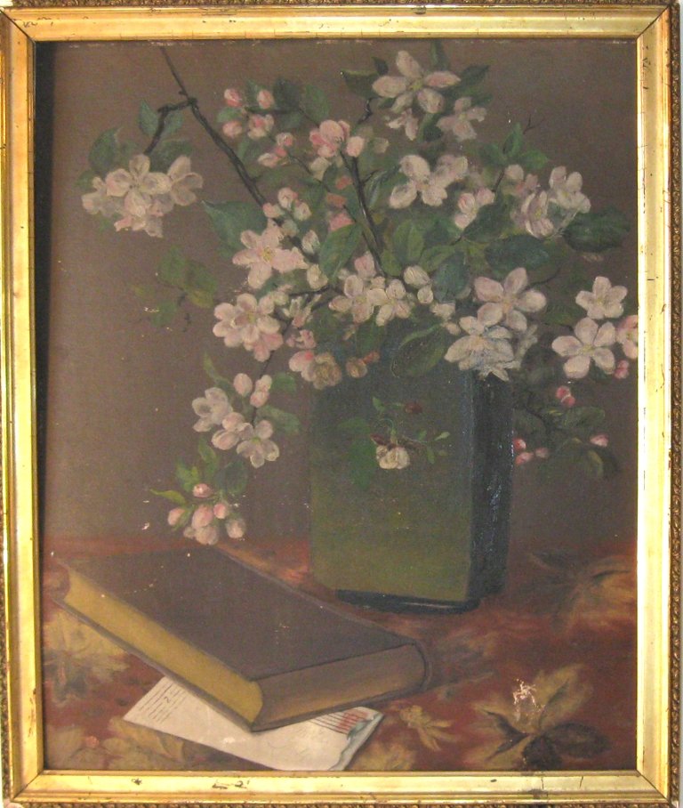 Mills N Y oil on board still life, signed on letter, "M