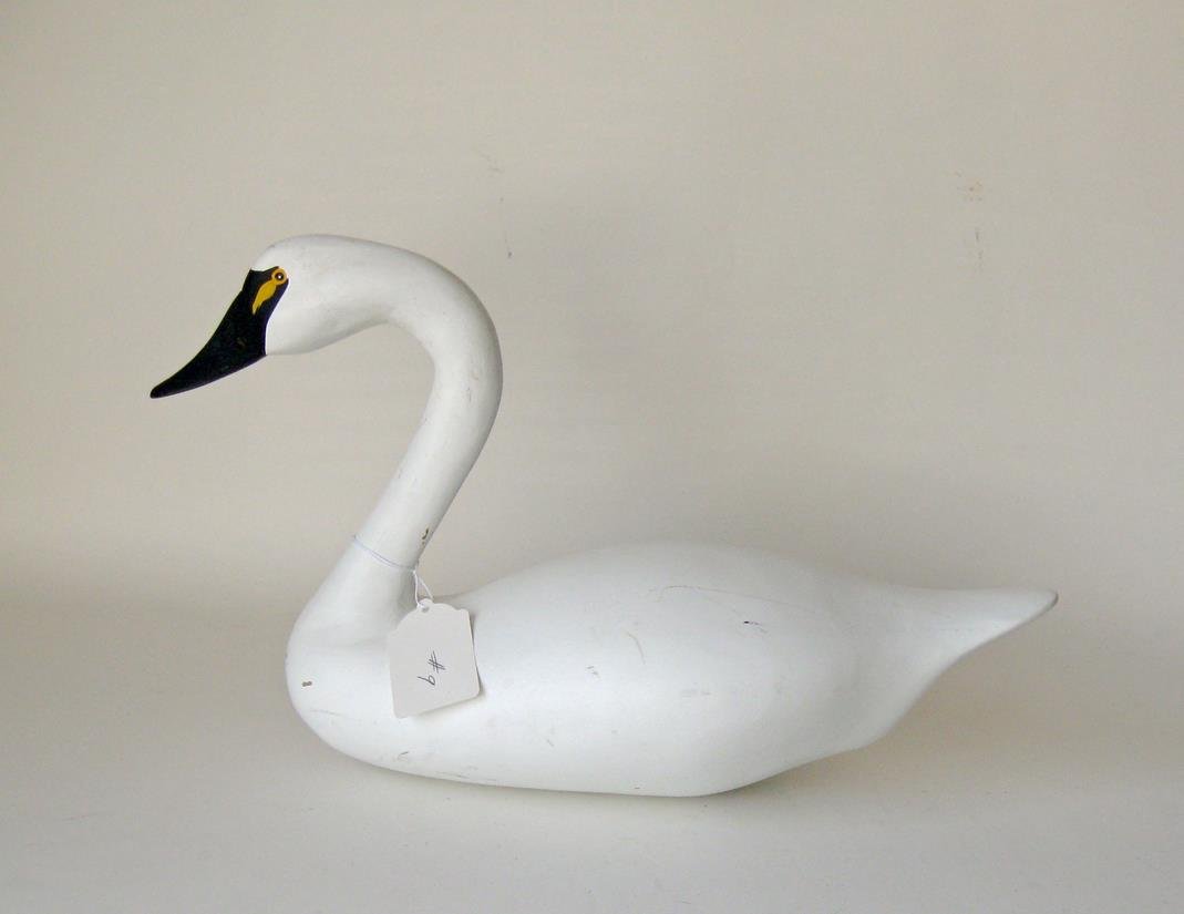 Captain Harry Jobs carved and painted white swan decoy,: Captain Harry Jobs carved and painted white swan decoy, 11 inches tall, signed. Condition: minor paint loss.