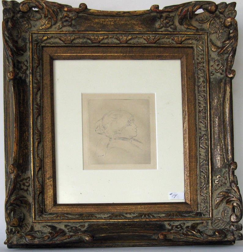 Renoir etching, portrait of a lady, 5 by 4.5 inches,: Renoir etching, portrait of a lady, 5 by 4.5 inches, signed in the plate lower left, "Manet," framed. Condition: good.
