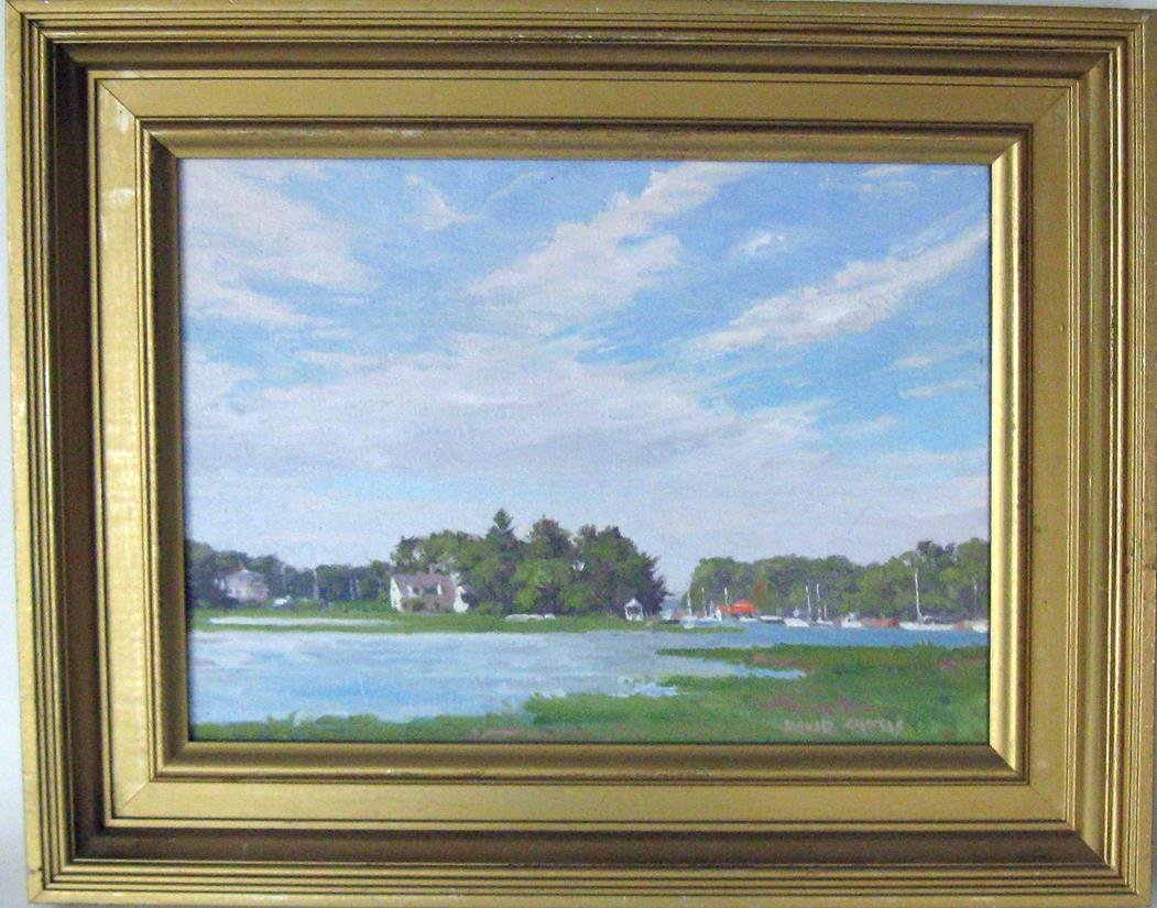 David Curtis oil on canvas of Manchester Harbor,: David Curtis oil on canvas of Manchester Harbor, "Images Return," 12 by 16 inches, signed lower right, "David Curtis," framed.