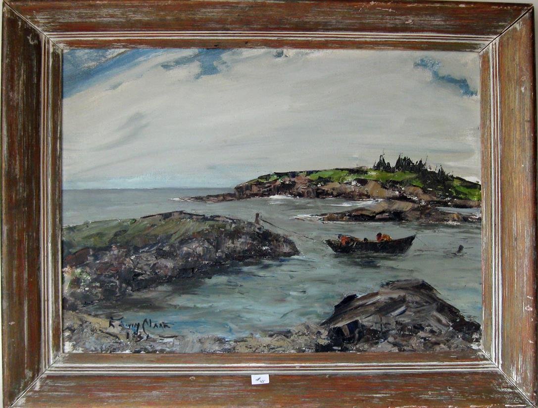 Edwin Glare oil on canvas marine scene, "The Cove: Edwin Glare oil on canvas marine scene, "The Cove Schoodic Poirier Me."18 by 24 inches, signed lower left, "Edwin Glare," framed.