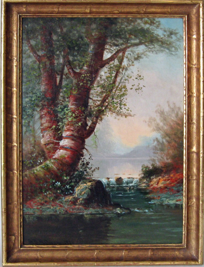 Astley David Middleton Cooper oil on canvas wooded lake: Astley David Middleton Cooper oil on canvas wooded lake scene with stream, 22 by 15.5 inches, signed lower left, "A. D. M. Cooper," framed. Condition: good, lined.