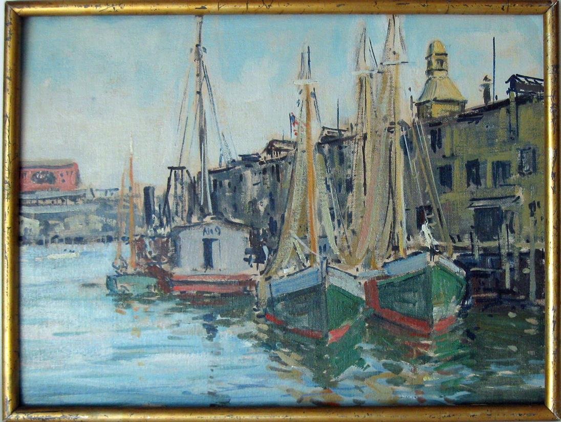 Charles Curtis Allen oil on board harbor scene, 12 by: Charles Curtis Allen oil on board harbor scene, 12 by 16 inches, identified by artist's label on reverse, framed. Condition: good.
