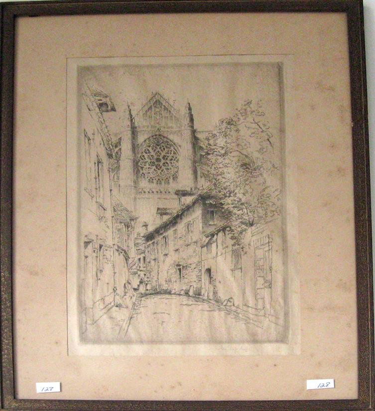 John Taylor Arms cathedral etching 12.5 by 8 inches,: John Taylor Arms cathedral etching 12.5 by 8 inches, signed lower right, "John Taylor Arms," framed. Condition: wave to paper, toned.
