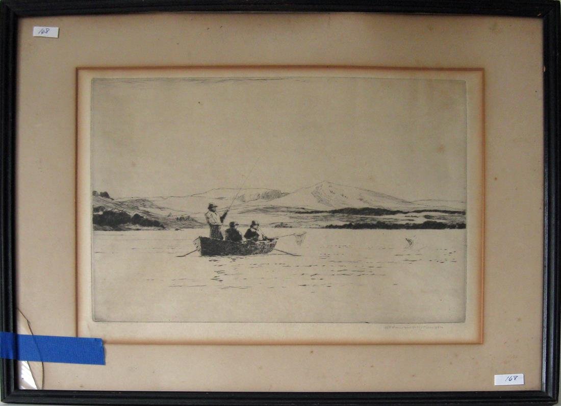 Norman Wilkenson etching of fishermen, 9.5 by 12.5: Norman Wilkenson etching of fishermen, 9.5 by 12.5 inches, framed. Condition: mat burn, cracked glass.
