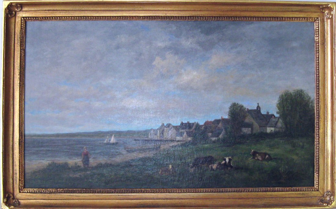 Attributed to Jules Renee Herve oil on canvas shore: Attributed to Jules Renee Herve oil on canvas shore scene with cows, 12 by 21 inches, indistinctly signed lower right, framed. Condition: good, lined.