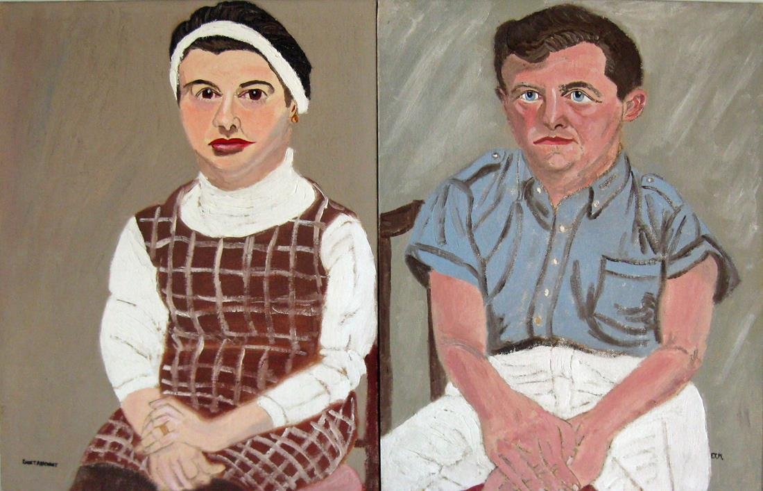Lot of 2 Earle T. Merchant oils on board, "Mrs. Cathy: Lot of 2 Earle T. Merchant oils on board, "Mrs. Cathy MacIntyre," and "Warren Dill," each 16 by 12 inches, Kathy signed, "Earl T. Merchant," Dill signed, "E.T.M," Condition: good.