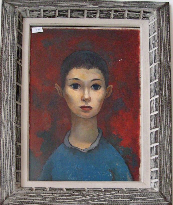 Grace Barron oil on paper, "Boy in Blue Sweater," 16 by: Grace Barron oil on paper, "Boy in Blue Sweater," 16 by 10 inches, signed lower right, "Grace Barron," framed. Condition: good.