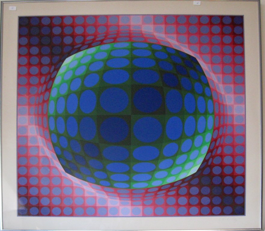 Victor Vasarely serigraph, "Enimes C," 31 by 31 inches: Victor Vasarely serigraph, "Enimes C," 31 by 31 inches 104 of 250 signed lower right, framed. Condition: good.