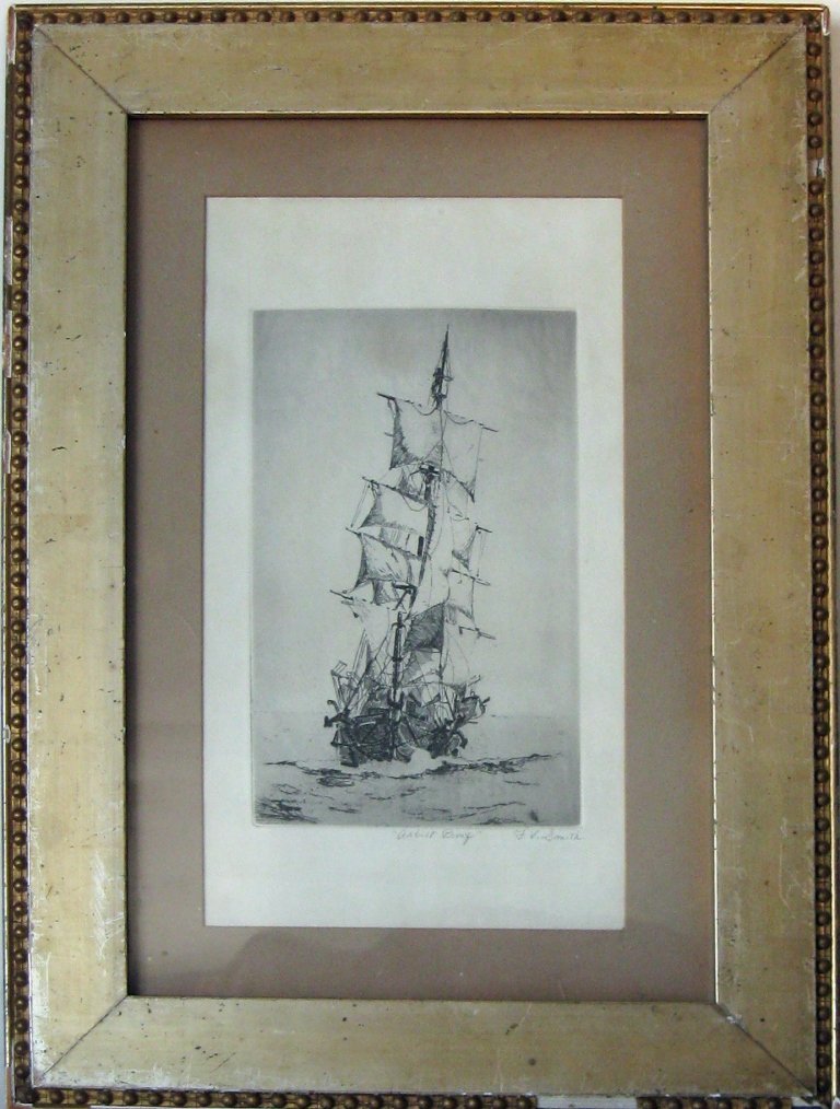 Frank Vining Smith artist's proof etching of a: Frank Vining Smith artist's proof etching of a square-rigged ship 12 by 6.5 inches, signed lower right, "F. V. Smith," framed. Condition: good.