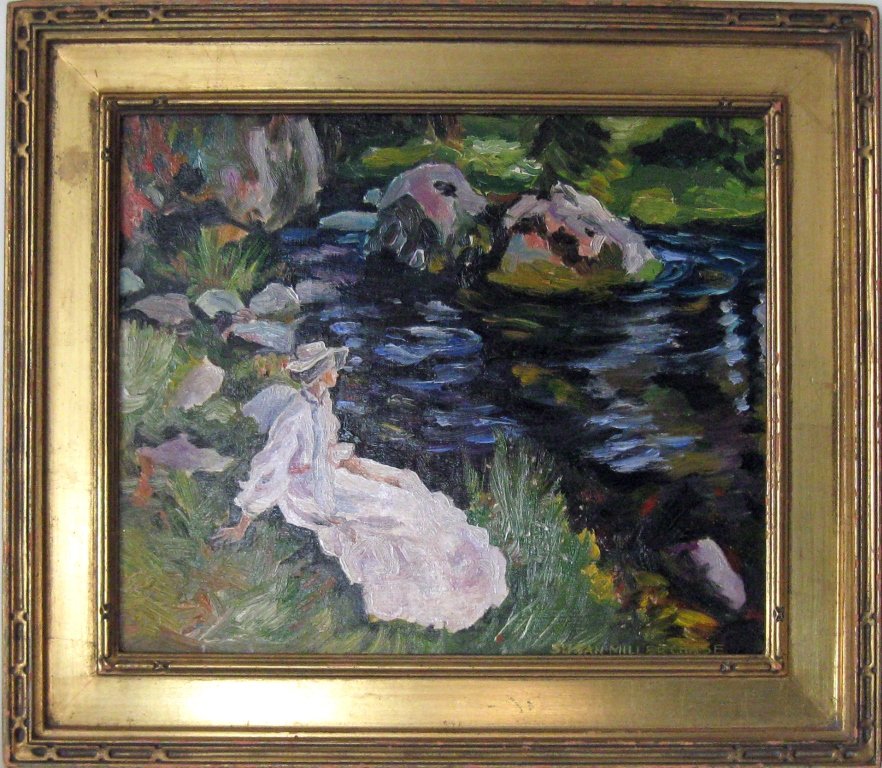 Susan Miller Chase oil on board Impressionist landscape: Susan Miller Chase oil on board Impressionist landscape with lady, 10 by 12 inches, signed lower right, "Susan Miller Chase," Newcomb Macklin framed. Condition: good.