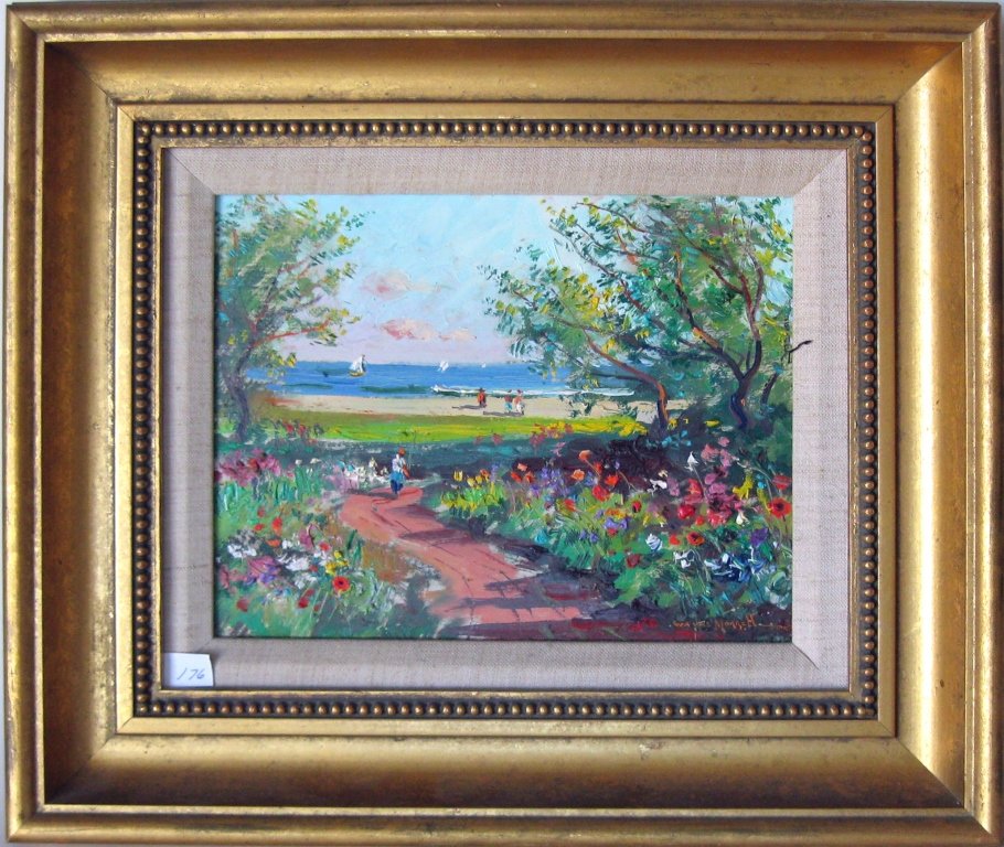Wayne Beam Morrell oil on board seaside garden scene, 8: Wayne Beam Morrell oil on board seaside garden scene, 8 by 10 inches, signed lower right, "Wayne Morrell," framed. Condition: good.