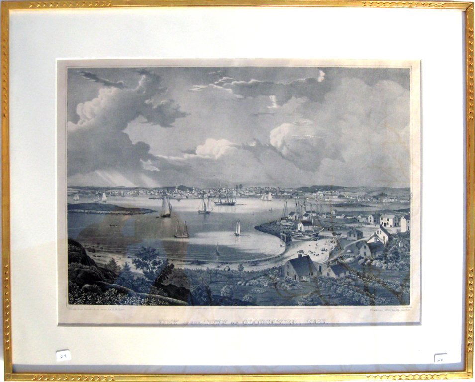 *Rare Fitz Henry Lane lithograph, "View of the Town of: *Rare Fitz Henry Lane lithograph, "View of the Town of Gloucester Mass," 14 by 20.5 inches, marked in the plate,"Drawn from Nature & on Stone by F.H. Lane - Pendleton's Lithography Boston," framed. Co