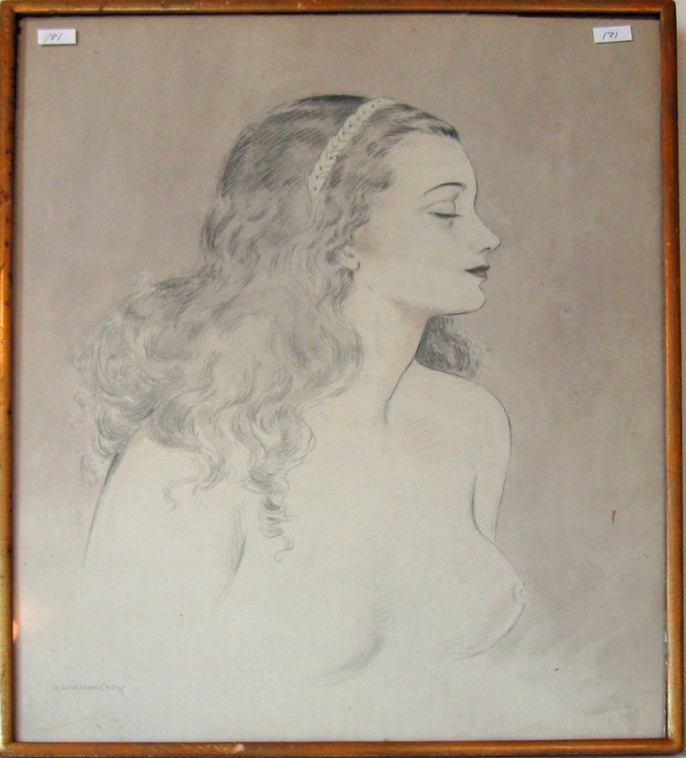Harrison Cady drawing with color, nude portrait 17.5 by: Harrison Cady drawing with color, nude portrait 17.5 by 13.75 inches, signed lower left, "Harrison Cady," framed. Condition: good.