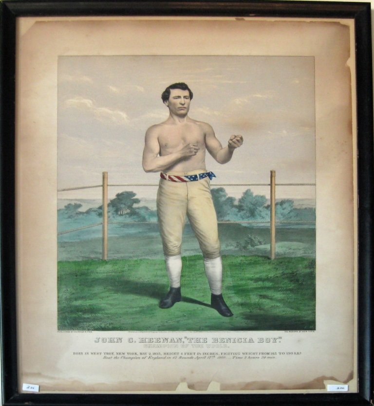 Currier and Ives lithograph, "John C. Heenan the Benica: Currier and Ives lithograph, "John C. Heenan the Benica Boy,"19.75 by 15 inches, framed. Condition: edge losses and toning.