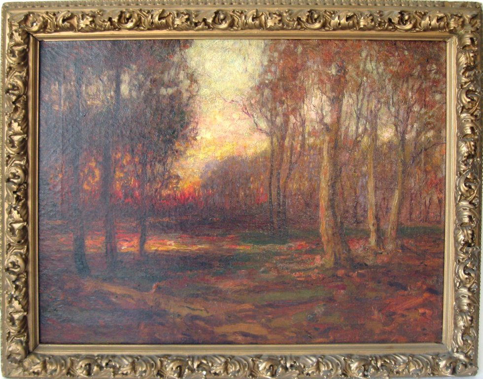 * John Joseph Enneking oil on canvas sunset landscape,: * John Joseph Enneking oil on canvas sunset landscape, 22 by 28.75 inches inscribed version, "Enneking 79," framed. Condition: repaired small patch, scattered retouch.