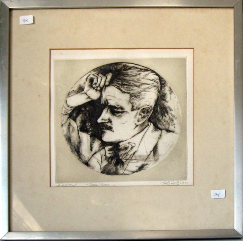 Jack Coughlin etching, "James Joyce,” 9 by 8.25 inches: Jack Coughlin etching, "James Joyce,” 9 by 8.25 inches signed lower right, "Jack Coughlin 73,” framed. Condition: good.