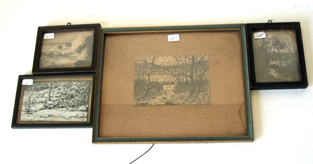 Set of 4 Theodore Victor Carl Valenkamph pencil sketch: Set of 4 Theodore Victor Carl Valenkamph pencil sketch land and seascapes signed, largest 3.5 by 5 inches framed. Condition: good, mat stain to one.