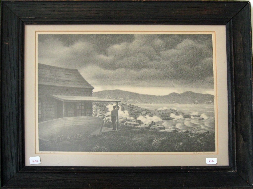 Alan Crane lithograph, "Coming Storm," edition of 50,: Alan Crane lithograph, "Coming Storm," edition of 50, 10 by 14 inches signed lower right, "Alan Crane," framed. Condition: good.