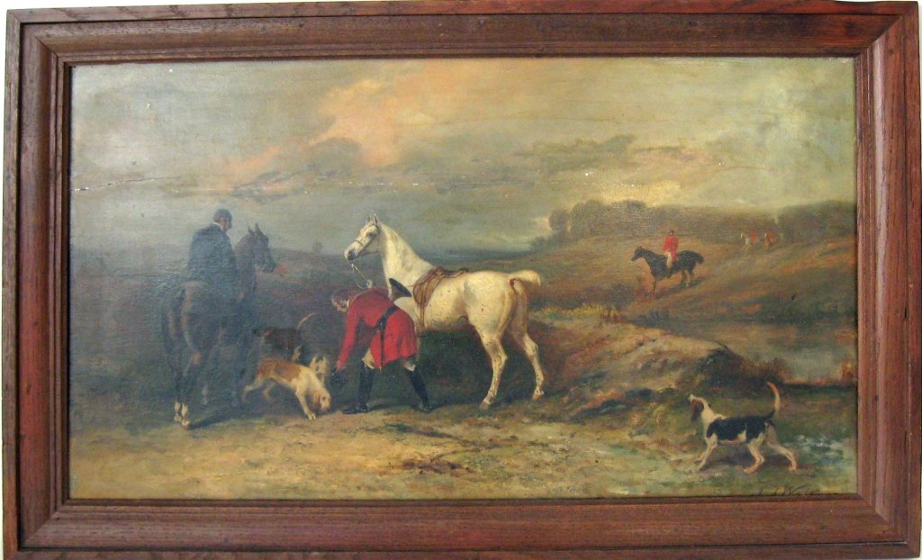 James Alexander Walker oil on wooden panel fox hunting: James Alexander Walker oil on wooden panel fox hunting scene, 15 by 27 inches signed lower, "J. A. Walker," framed. Condition: panel cracks, losses in painting.