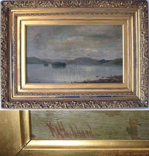 Attributed to Richard William Hubbard oil on canvas: Attributed to Richard William Hubbard oil on canvas lake scene, 12 by 20 inches, signed lower right, "R (?) Hubbard," framed. Condition: cracquelure, surface grime, varnish inconsistencies.