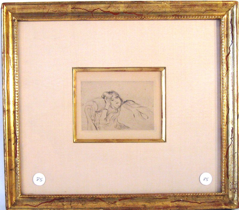 Berthe Morisot etching, "Girl Resting," 4 by 5.5: Berthe Morisot etching, "Girl Resting," 4 by 5.5 inches, identified verso Art Collector's Pace New York City label, framed. Condition: good.