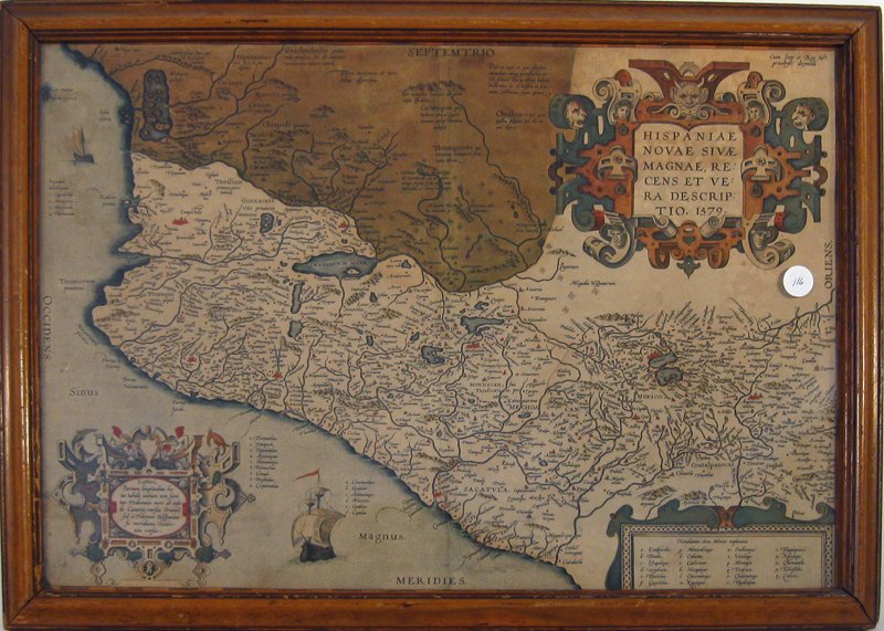 Antique map of Mexico dated 1579, 13 by 19.25 inches,: Antique map of Mexico dated 1579, 13 by 19.25 inches, framed. Condition: good.