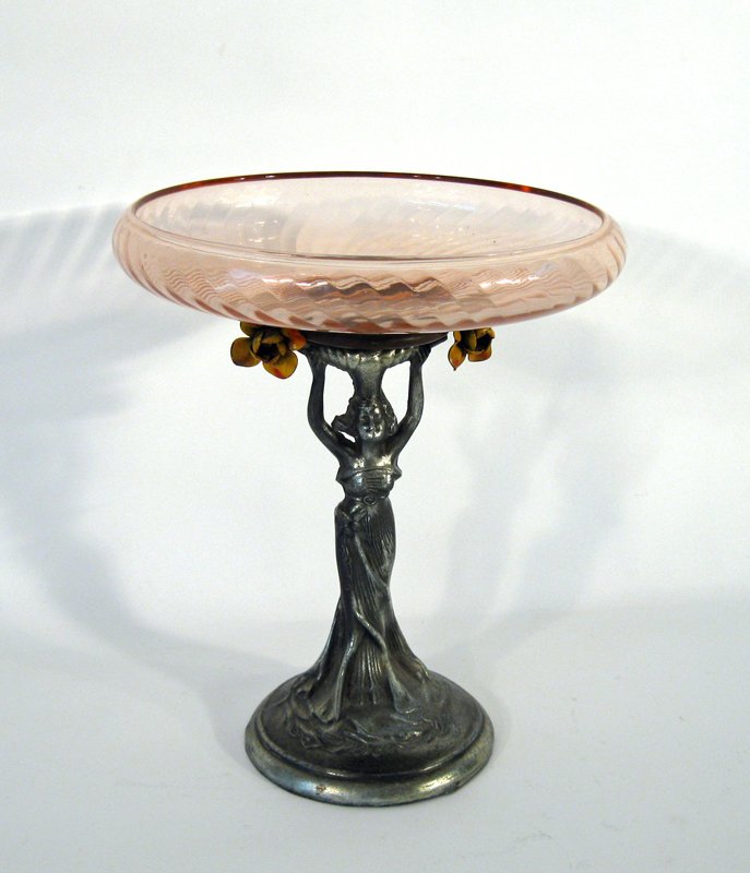 Art Nouveau spelter and pressed glass compote, 11: Art Nouveau spelter and pressed glass compote, 11 inches tall, nine inch diameter. Condition: good.