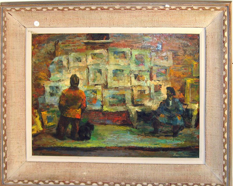 Iver Rose oil on Masonite, city scene with picture: Iver Rose oil on Masonite, city scene with picture seller, 18 by 24 inches framed. Condition: good.