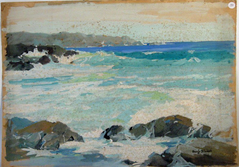 George Dinkel watercolor and gouache shore scene, 19 by: George Dinkel watercolor and gouache shore scene, 19 by 23 inches, signed lower right, "George Dinkel.," Condition: foxing.