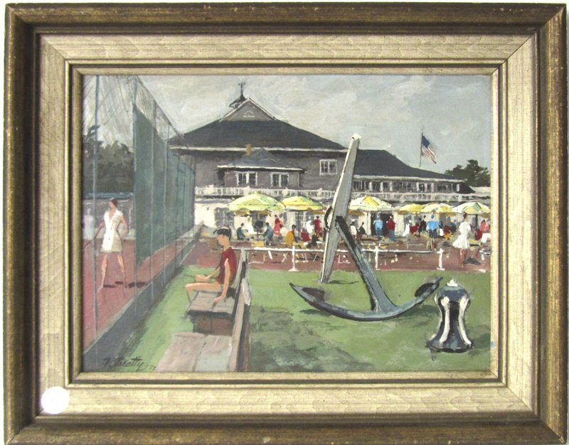 Frank Beatty oil on board, "Nantucket Yacht Club," 12: Frank Beatty oil on board, "Nantucket Yacht Club," 12 by 16 inches, signed lower left, "F. Beatty 72," framed. Rockport Art Association label on reverse.