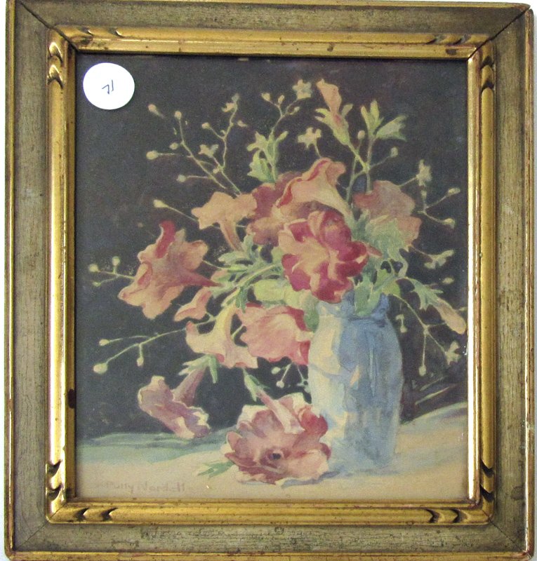 Polly Nordell watercolor still life, 9.7 by 7.75: Polly Nordell watercolor still life, 9.7 by 7.75 inches, signed lower left, "Polly Nordell," framed.